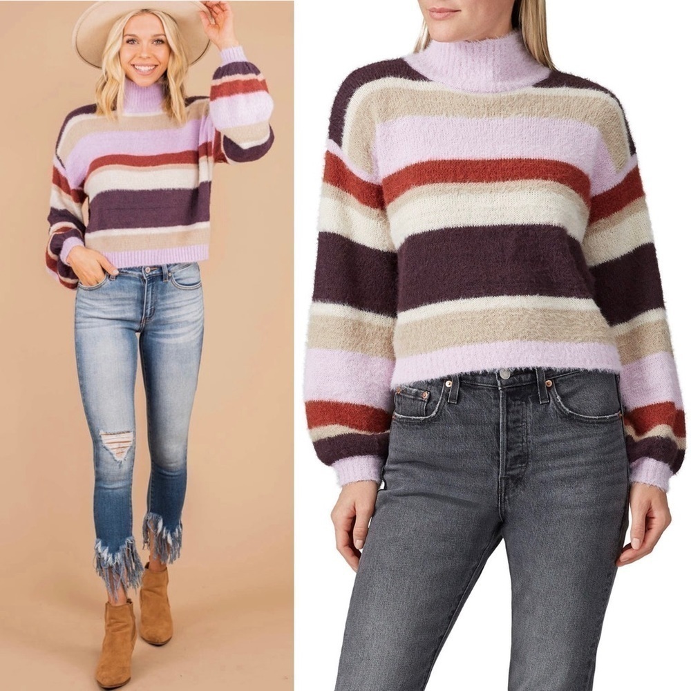 LOUNA Cropped Striped‎ Fuzzy Knit High Mock Neck Long Balloon Sleeves Sweater XL